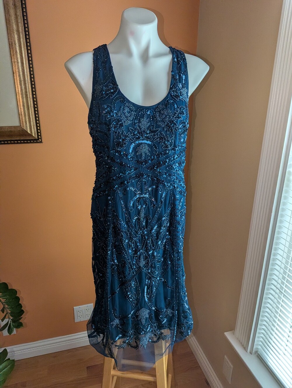 Sleeveless Navy Beaded Sheath Dress Size 10